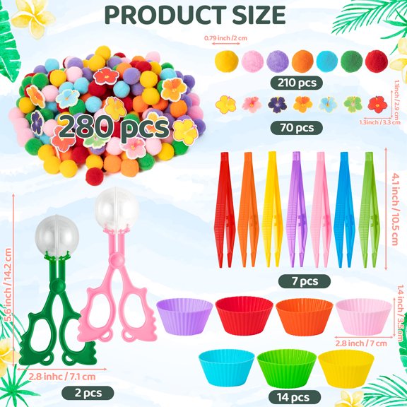 Belanttega Summer Counting & Sorting Sensory Kit - Hawaiian Flower Felt Pieces, Colorful Pom Poms for Family Activities, Fine Motor Skills Development