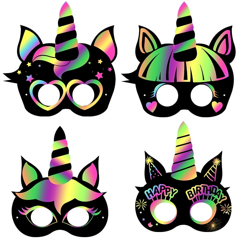Belanttega Unicorn Scratch Art Mask Set - 24 Pack DIY Rainbow Reveal Masks for Craft Activities, Birthday Party Favors Family Interactive Supplies