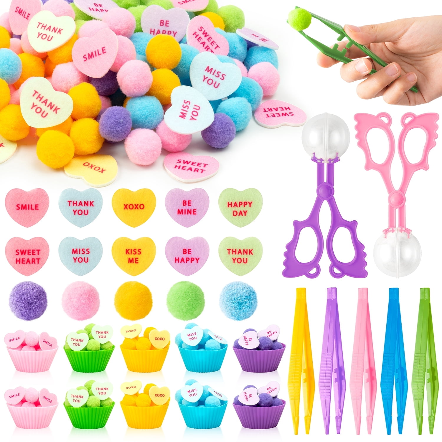 Belanttega Valentine's Day Sensory Sorting & Motor Skills Activity Heart Pompoms, Colorful Components, Family Activity Tools for Focus, Organization & Creative Play