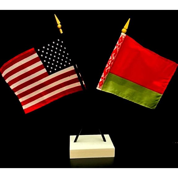 Belarus Desk Flag Set; Contains One USA and One Country Flag with a White Crossed Base, American Made
