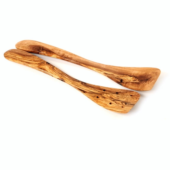Beldinest Handmade Olive Wood Utensil Spatula Set of 2 Kitchen Tools (Pierced Spatula and Spatula)