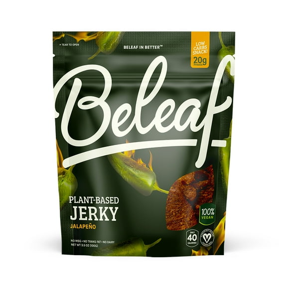Beleaf Jalapeño Plant-Based Jerky: High-Protein Snack – Healthy and Flavorful Vegan Jerky for On-the-Go Energy – Tasty Meatless, Vegetarian Meat Alternative 3.5oz