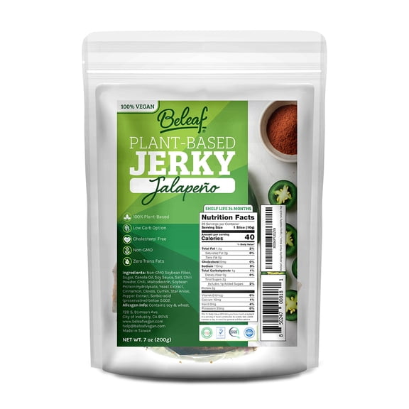 BeLeaf Jalapeo Plant-Based Vegan Jerky, Meatless Beef Jerky Alternative, Non-GMO High-Protein Snack, 7oz