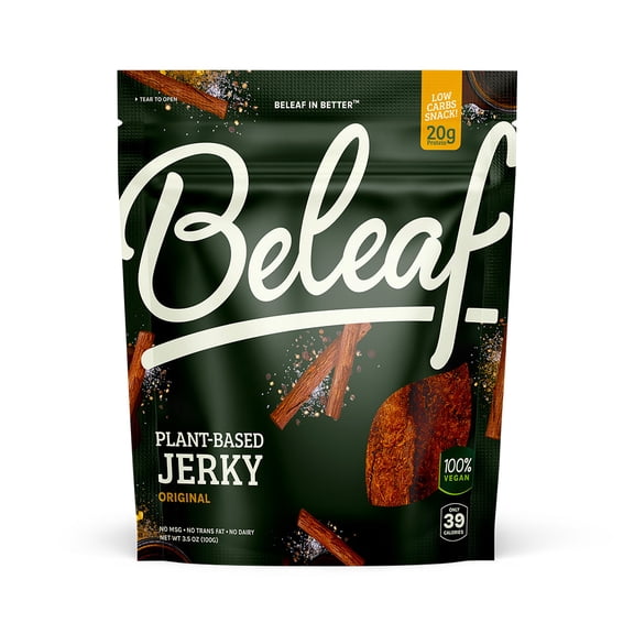 BeLeaf Original Plant-Based Vegan Jerky, Meatless Beef Jerky Alternative, Non-GMO High-Protein Snack, 3.5oz