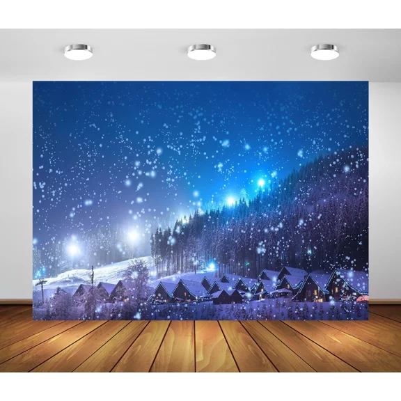 Beleco 7X5Ft Fabric Winter Christmas Village Backdrop Blue 7X5Ft Winter-003