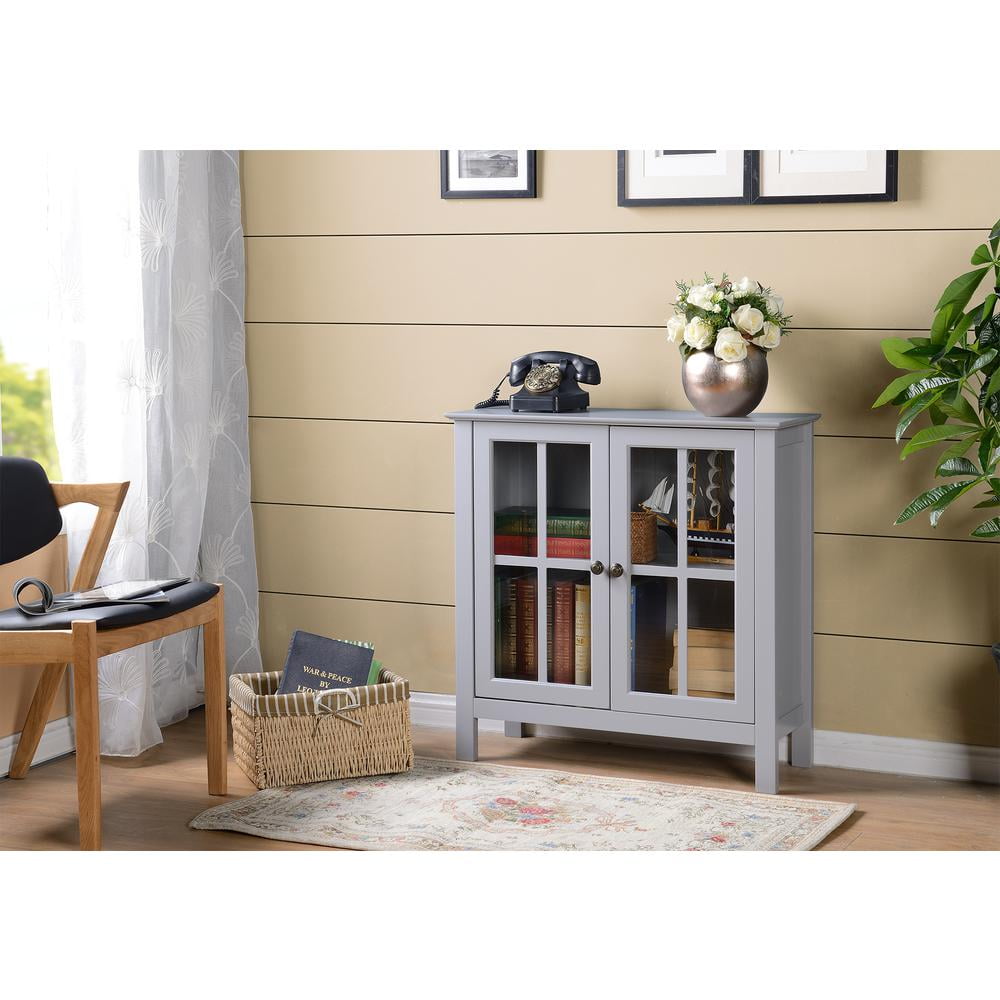 Elegant Dark Gray Glass Door Display Cabinet with Antique Brass Accents