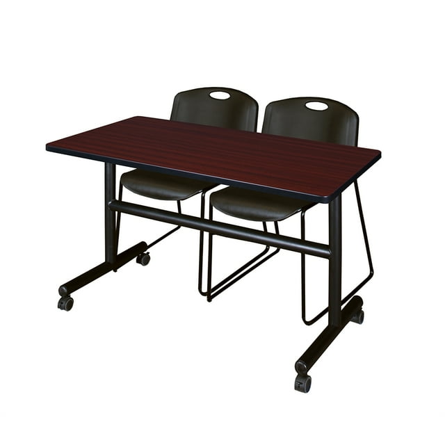 Belen Kox Kobe 48" Flip Top Mobile Training Table- Mahogany & 2 Zeng Stack Chairs- Black