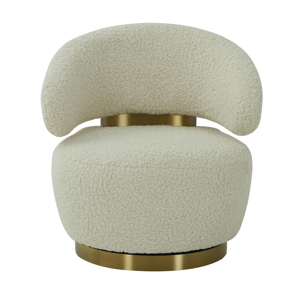 Beige Velvet Barrel Swivel Chair with Brass Base