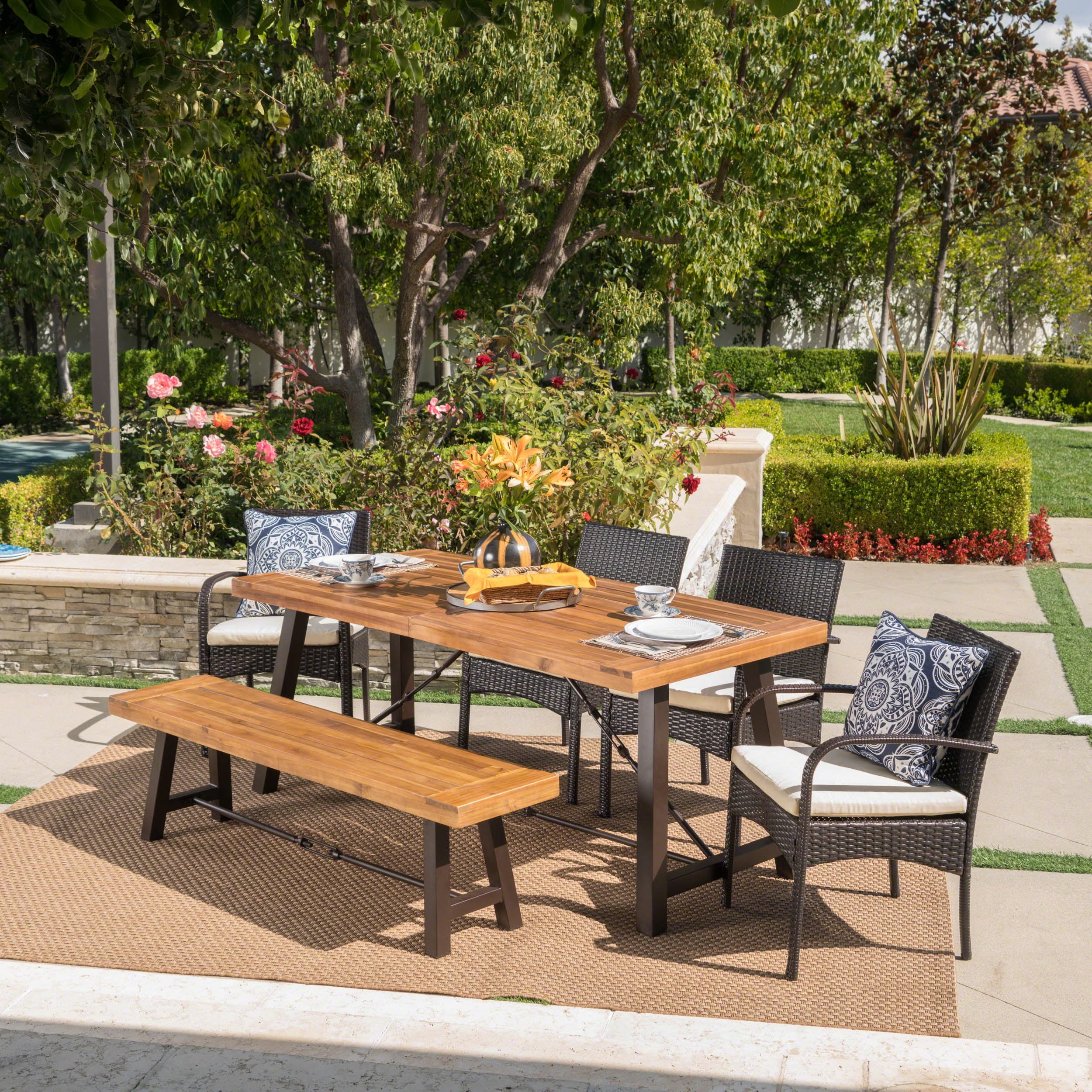 Belen Outdoor Acacia Wood Dining Set with Wicker Chairs