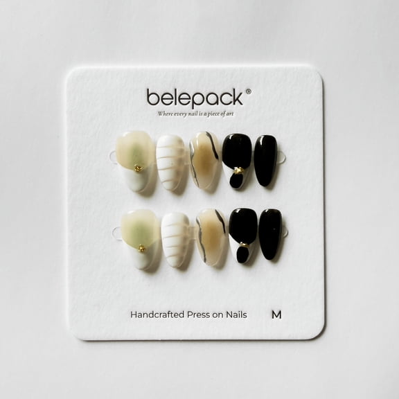 Belepack Glazed Marble Press on Nails, Cream Black Silver Line Quiet Luxury Oval Fake Nails