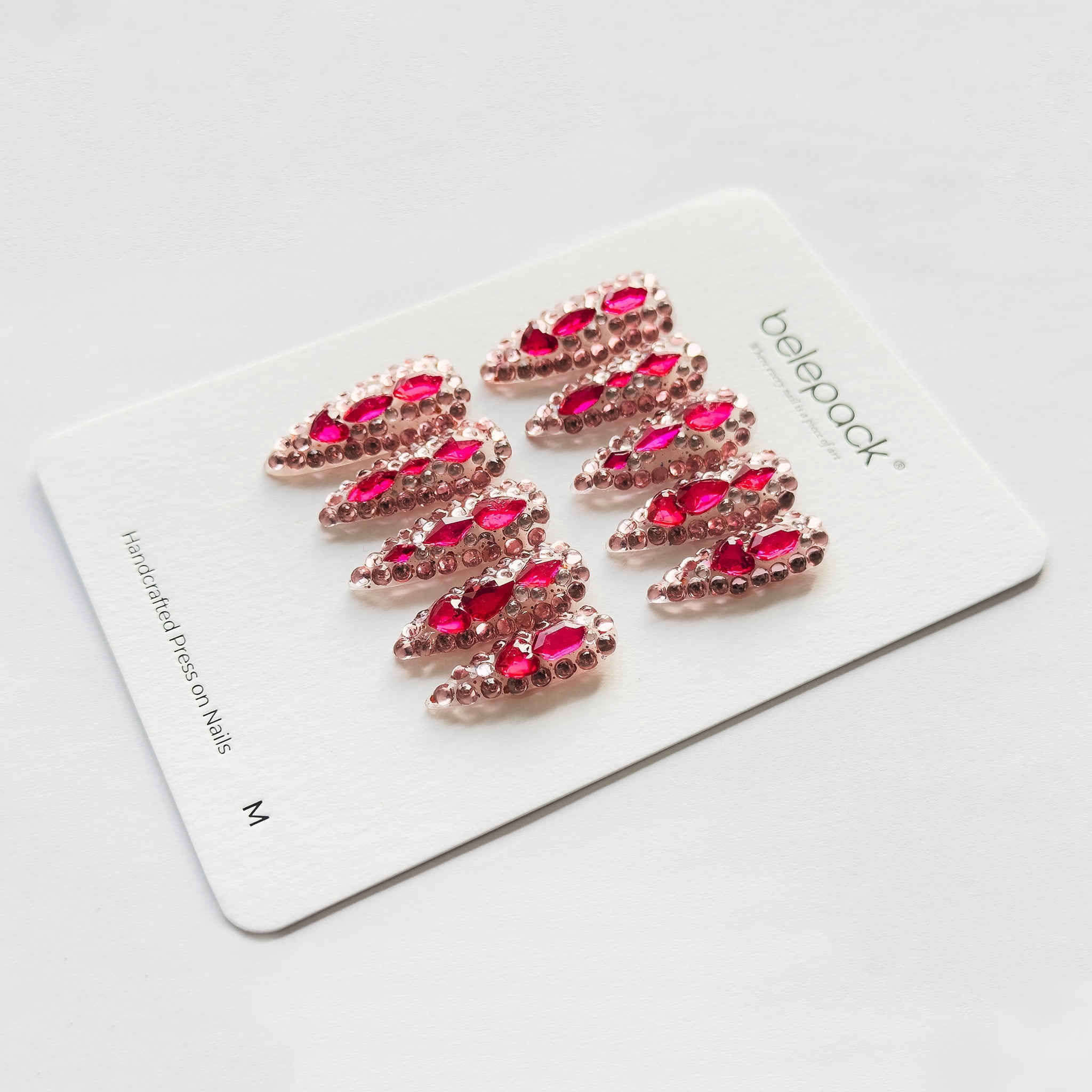 Belepack Handcrafted Luxury 3D Pink Crystal Rhinestone Press on Nails, Almond Stiletto Handmade Fake Nails
