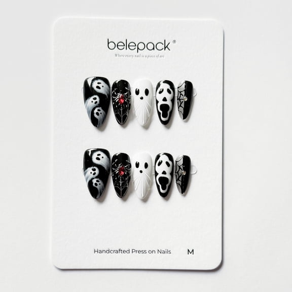 Belepack Midnight Ghost Spider Press on Nails, Gothic Halloween Fake Nails with Red Gem