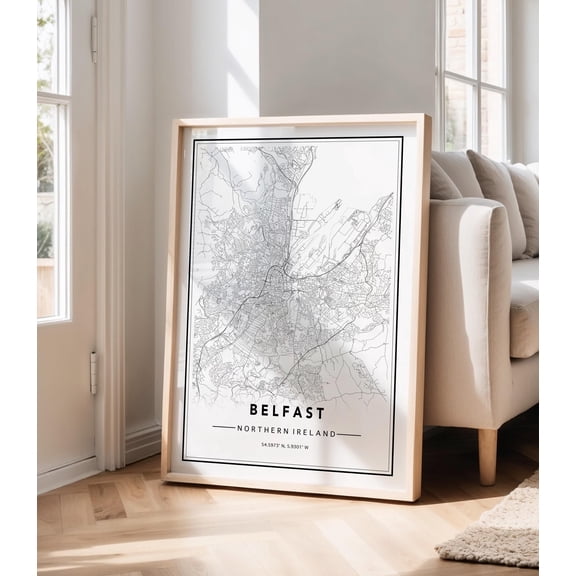 Belfast City Map Black And White Travel Wall Art Poster , Poster Print Only