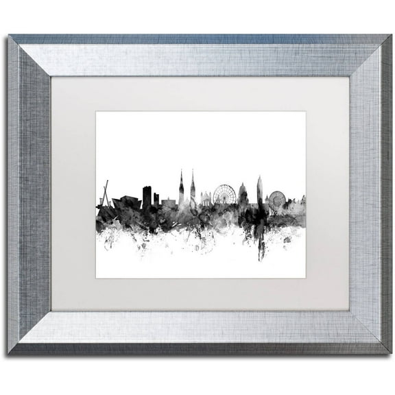 "Belfast N. Ireland Skyline B&W" Canvas Art by Michael Tompsett, White Matte, Silver Frame