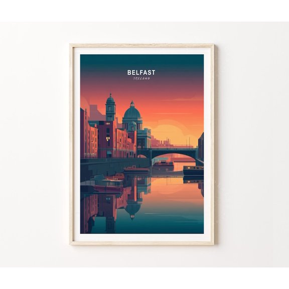Belfast Northern Ireland Waterfront Sunset Cityscape Art, Unframed Paper Poster 8x10in