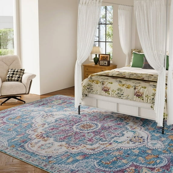 Belffin 4ftx 6ft 350Gsm Complex Pattern Area Rug Machine Washable And Non Slip TPR Backing Carpet ,High Pile Carpet With Print For Living Room And Bed Room,Light Blue