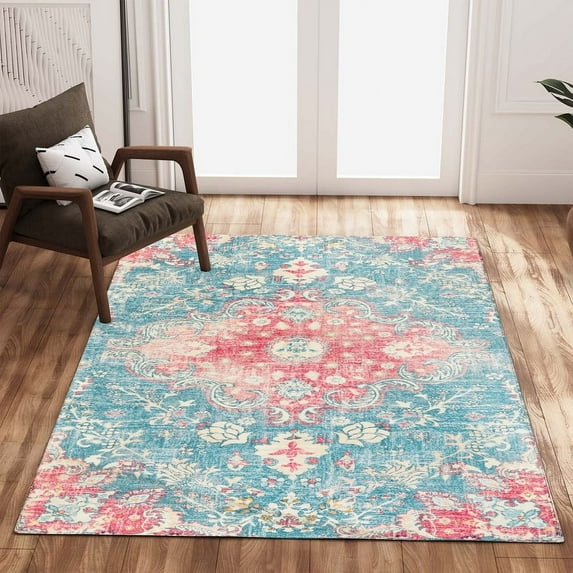 Belffin 8ftx 10ft 600Gsm Area Rug Machine Washable Non Slip TPR Backing Carpet ,High Pile Carpet With Print For Living Room And Bed Room,Dark Blue