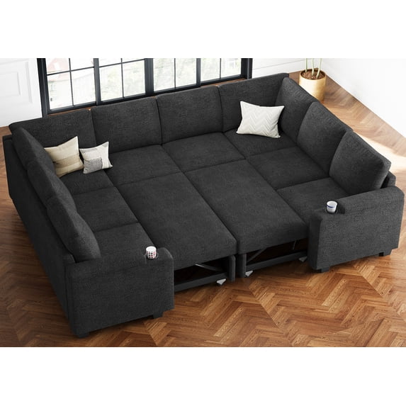 Belffin D103.9"xW81.1"xH36.4" Chenille Modular Sofa Sectional Sofa With Pull Out Bed, Armrests With Cup Holder Removable Cover Modular Sectional Sleeper Sofa With Storage For Living Room,Dark Grey
