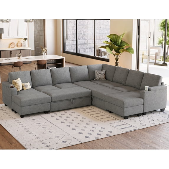 Belffin D126.6"xW103.8"xH36.4" Chenille Modular Sofa Sectional Sofa With Pull Out Bed, Armrests With Cup Holder Removable Cover Modular Sectional Sleeper Sofa With Storage For Living Room, Grey