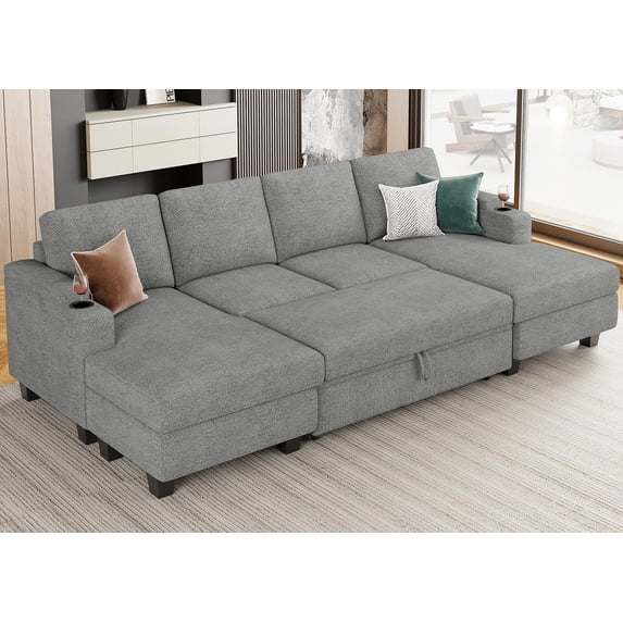 Belffin D52.8"xW103"xH36.4" Chenille Modular Sofa Sectional Sofa With Pull Out Bed, Armrests With Cup Holder Removable Cover Modular Sectional Sleeper Sofa With Storage For Living Room, Grey