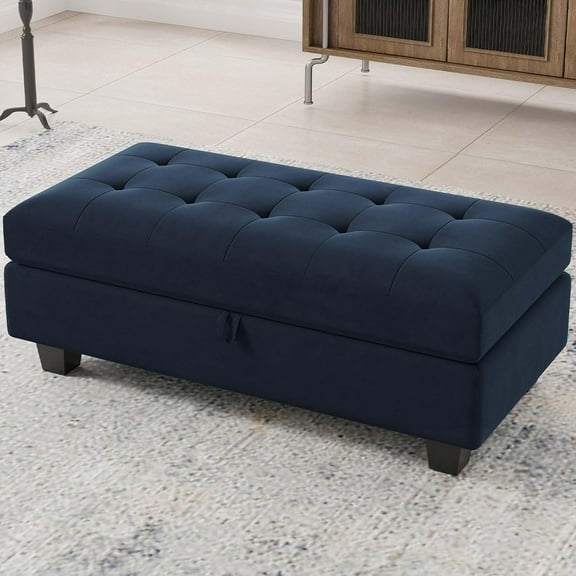 Belffin Oversized Rectangular Ottoman with Storage - Velvet Tufted Upholstered Footstool for Living Room Bedroom (Blue)