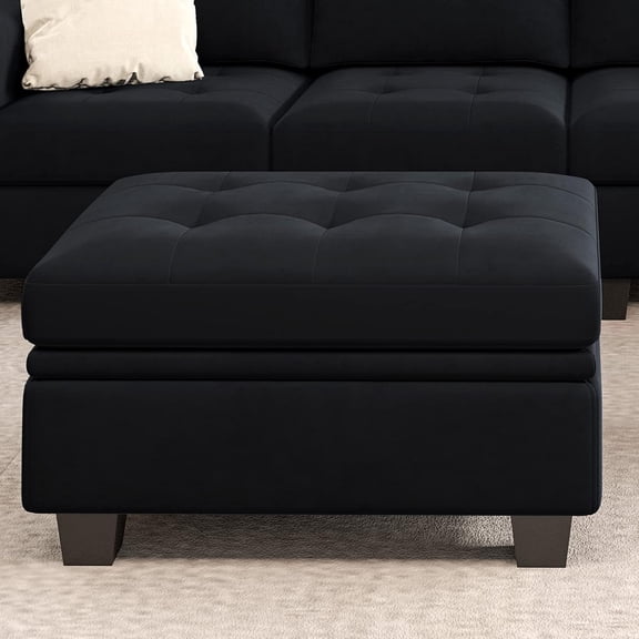 Belffin Rectangular Velvet Ottoman with Storage, Tufted Design, Black
