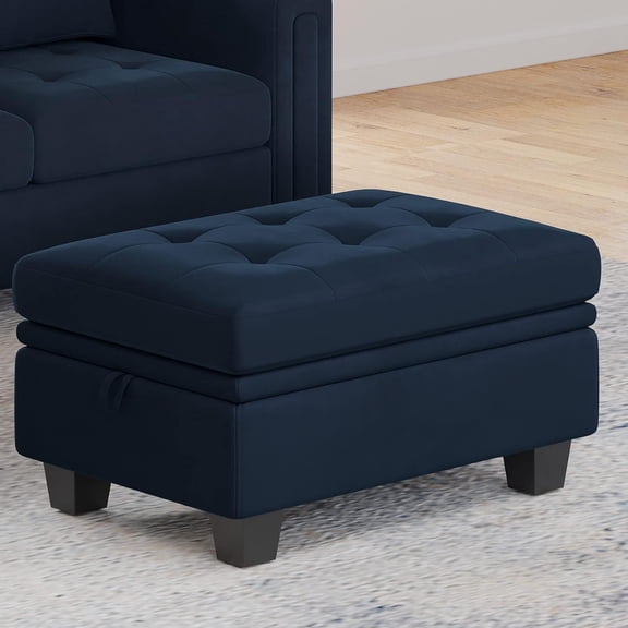 Belffin Rectangular Velvet Ottoman with Storage, Tufted Design, Blue
