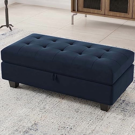 Belffin Storage Ottoman Bench Oversized Rectangular Ottoman with Storage Velvet Tufted Upholstered Footstool Ottoman Bench for Living Room Bedroom (Blue)