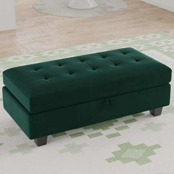 Belffin Storage Ottoman Bench Oversized Rectangular Ottoman with Storage Velvet Tufted Upholstered Footstool Ottoman Bench for Living Room Bedroom (Green)