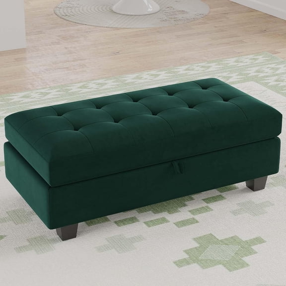 Belffin Storage Ottoman  Oversized Rectangular Ottoman with Storage Velvet Tufted Upholstered Footstool Ottoman  for Living Room Bedroom (Green)
