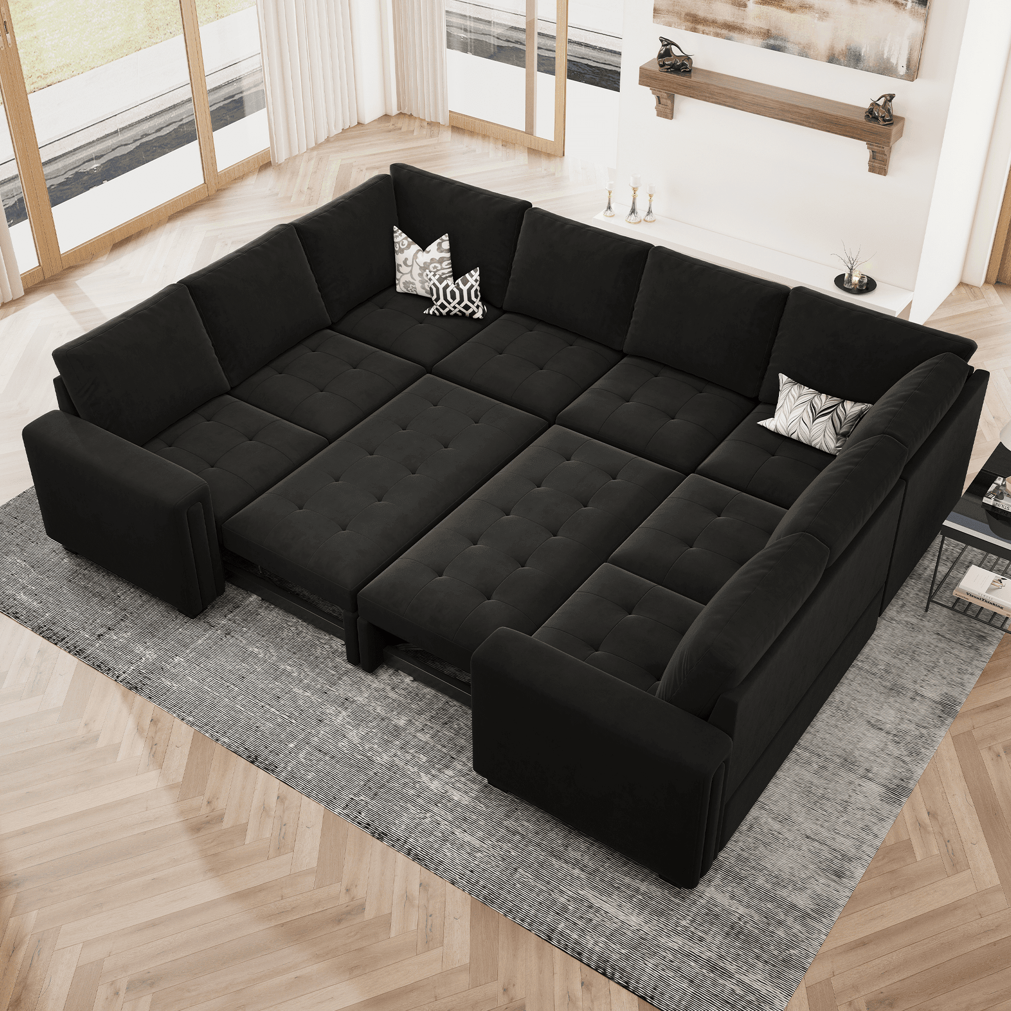 Belffin Velvet Modular Sectional Big Sofa with Pull Out Bed for Living Room 8 Seater Black ...