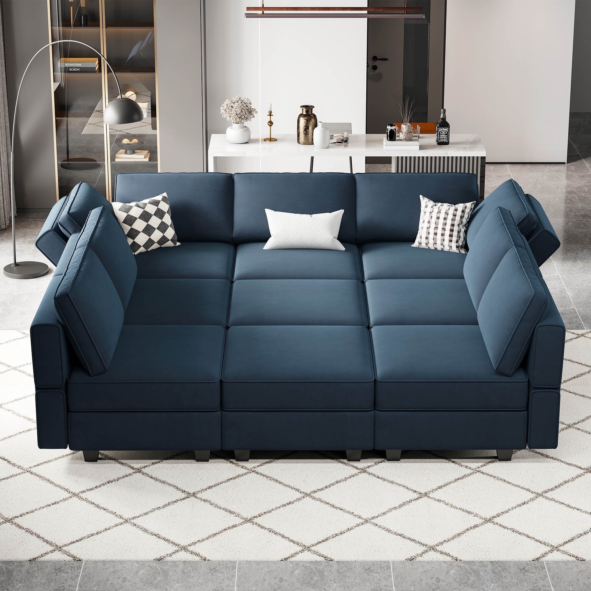 Belffin 9 Seater Velvet Modular Sectional Sofa with Storage Convertible into Bed Pet Friendly Blue Walmart