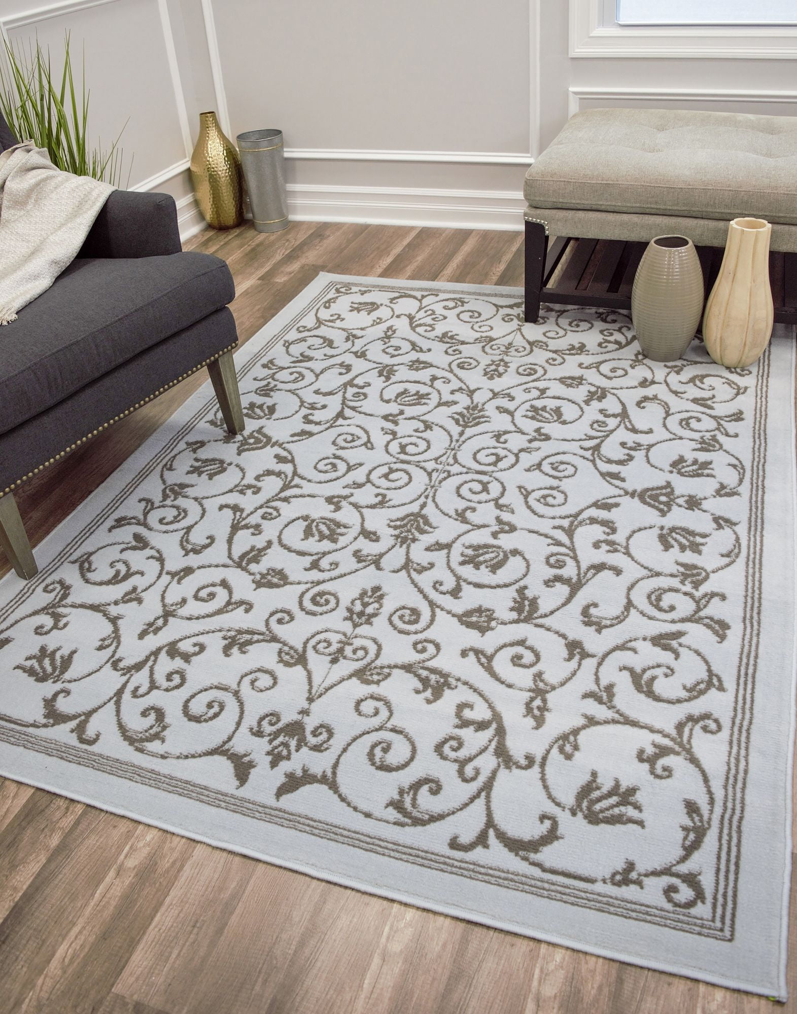 Belfort BM20A Vines Blue scroll Transitional light blue Area Rug, 5'x7'