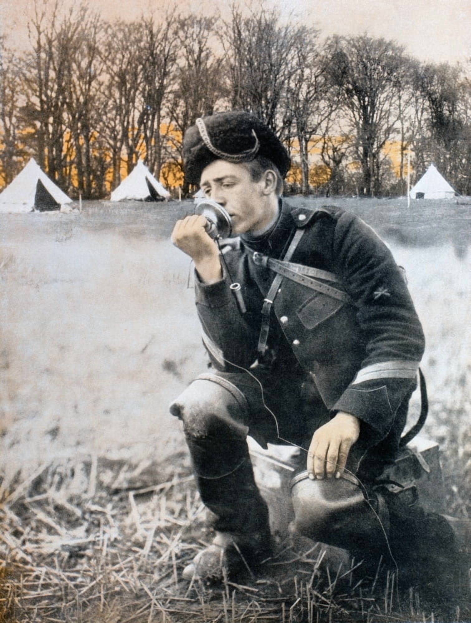 Belgian Artillery Man Using A Field Telephone During The First World War From La Esfera 1914 Canvas Art - Ken Welsh Design Pics (12 x 17)
