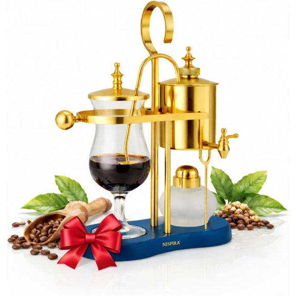 Belgian Balance Syphon Vacuum Coffee Maker, 500ml Vintage Gravity Brewing System, Gold & Peacock Blue Finish, Manual Tabletop Coffee Brewer