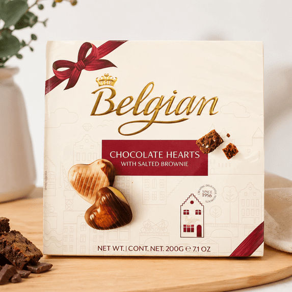 Belgian Chocolate Hearts with Salted Brownie Filling, Gourmet Chocolate Candy, 7.1 oz Gift Box