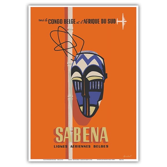 Belgian Congo - South Africa - Sabena Belgian World Airlines - Vintage Airline Travel Poster by Hohet c.1950s - Master Art Print 10in x 14in