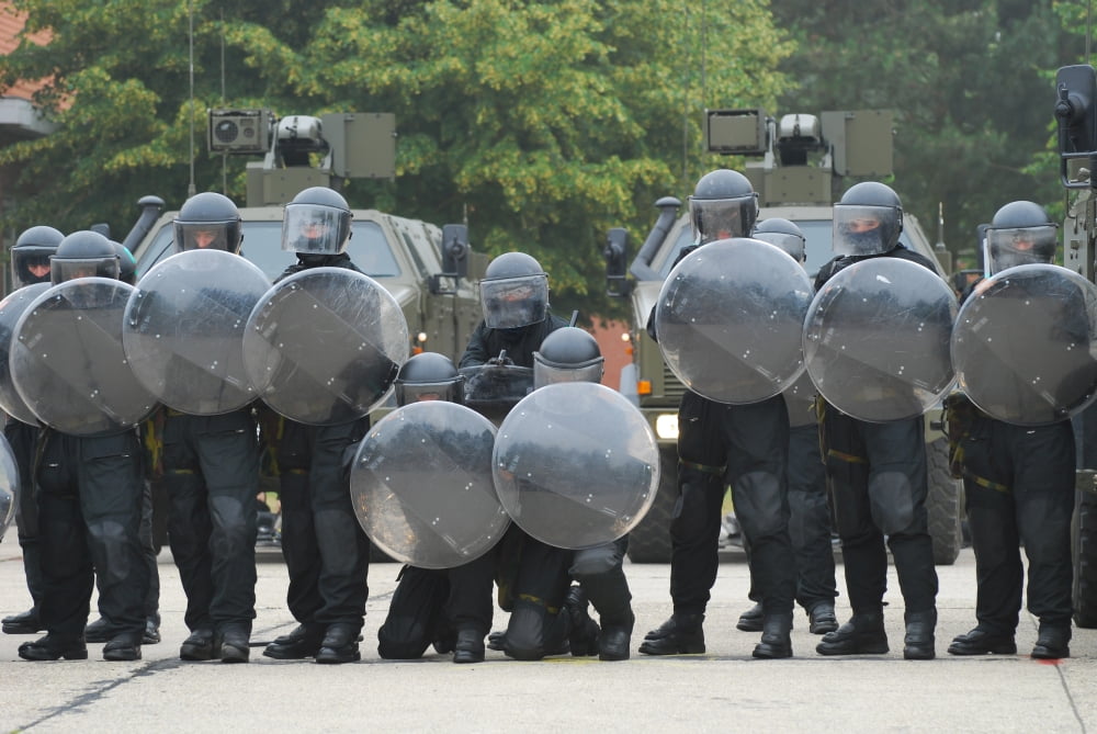 Belgian Infantry soldiers training in crowd and riot control Canvas Art - Luc De JaegerStocktrek Images (34 x 23)