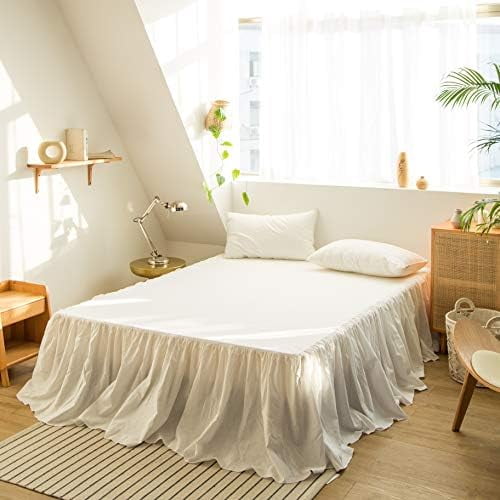 Belgian Linen Bed Skirt with Classic 14 inch Tailored Drop Dust Ruffle, Easy Fit Breathable Premium Natural Flax- Pleated White, Twin