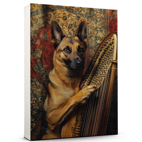 Belgian Malinois Cute Dog Harp Stretched Canvas Size 8x12 – Retro Belgian Malinois Dog Batter in Action With Harp for Themed Living Room