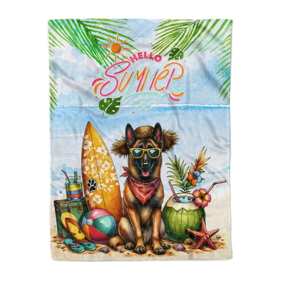 Belgian Malinois Hello Summer with Sunglasses and Surfboard Tropical Vibes Cozy Fleece Blanket Sheepdog Dog Lover Gifts Warm Soft Throw Blanket - 00007