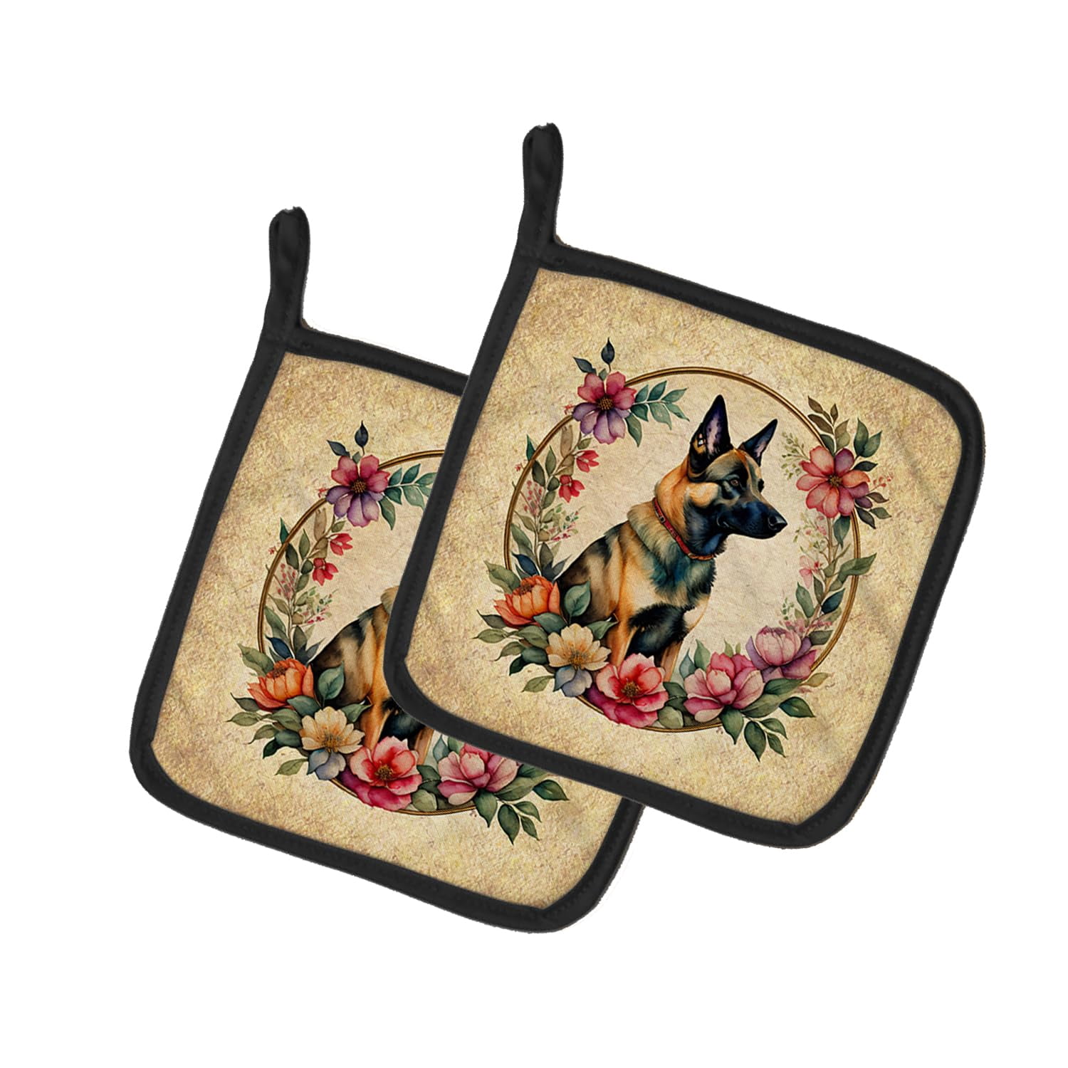 Belgian Malinois and Flowers Pair of Pot Holders 7.5 in x 7.5 in