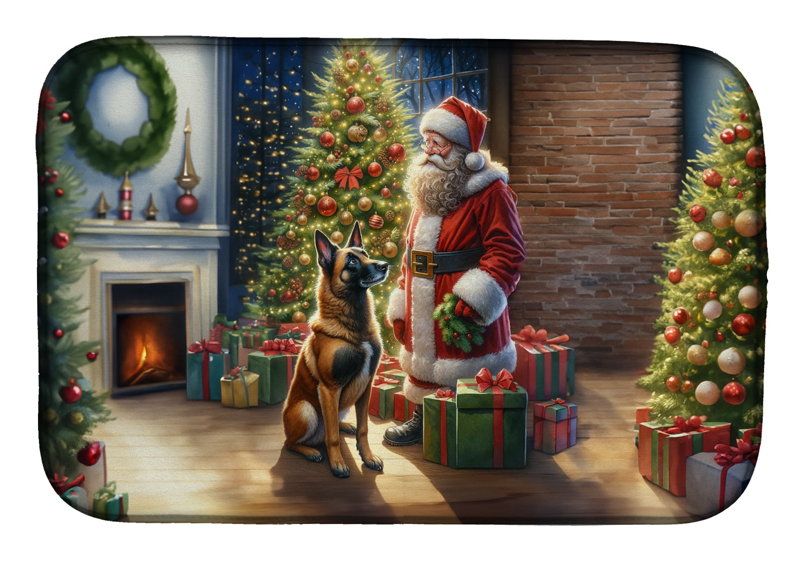 Belgian Malinois and Santa Claus Dish Drying Mat 14 in x 21 in