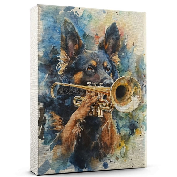 Belgian Sheepdog Dog Canvas Trumpet Stretched Canvas Size 8x12 – Funny Belgian Sheepdog Dog Canvas Wall Decor, Funny Dog Wall Art for Trumpet Room