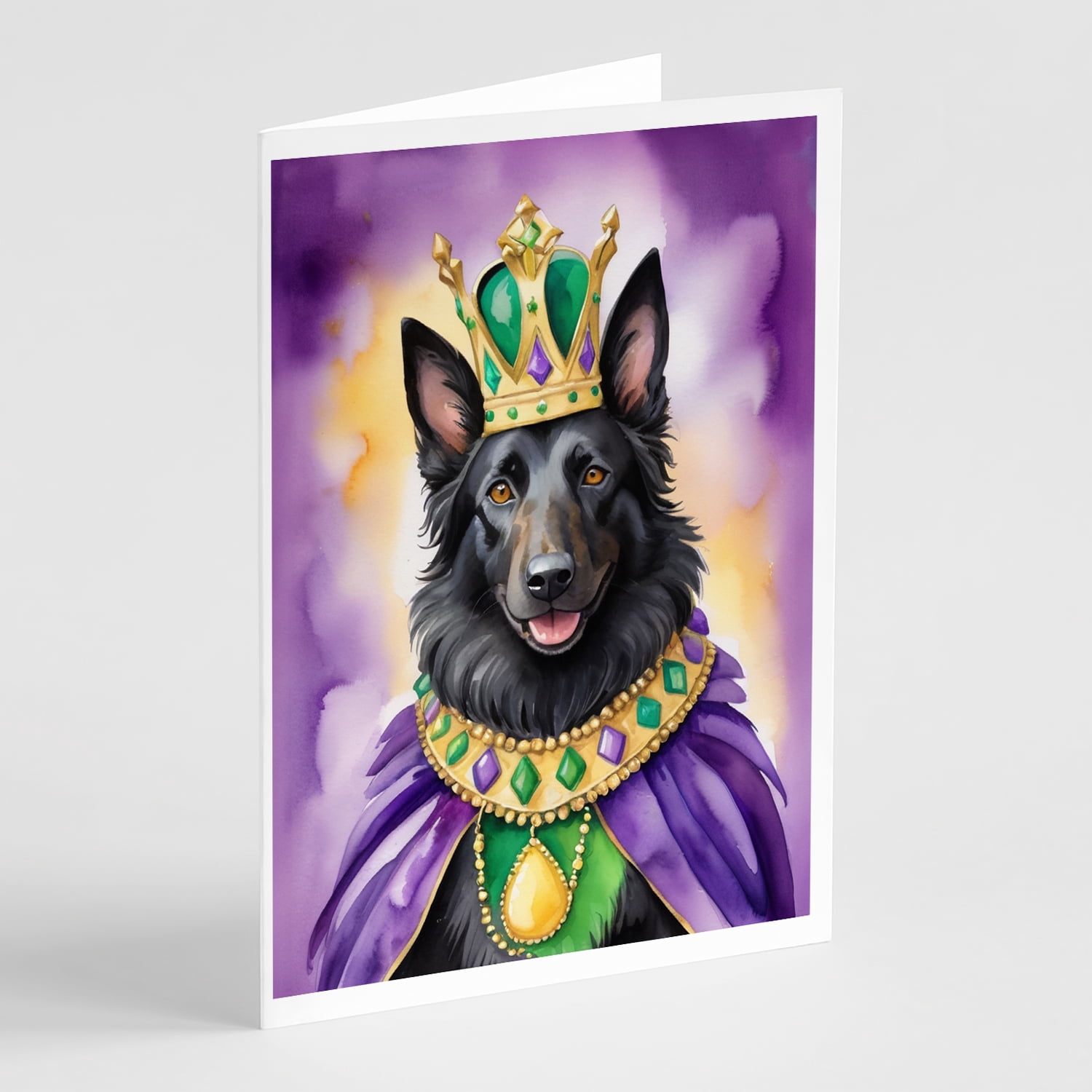 Belgian Sheepdog King of Mardi Gras Greeting Cards Pack of 8 7 in x 5 in