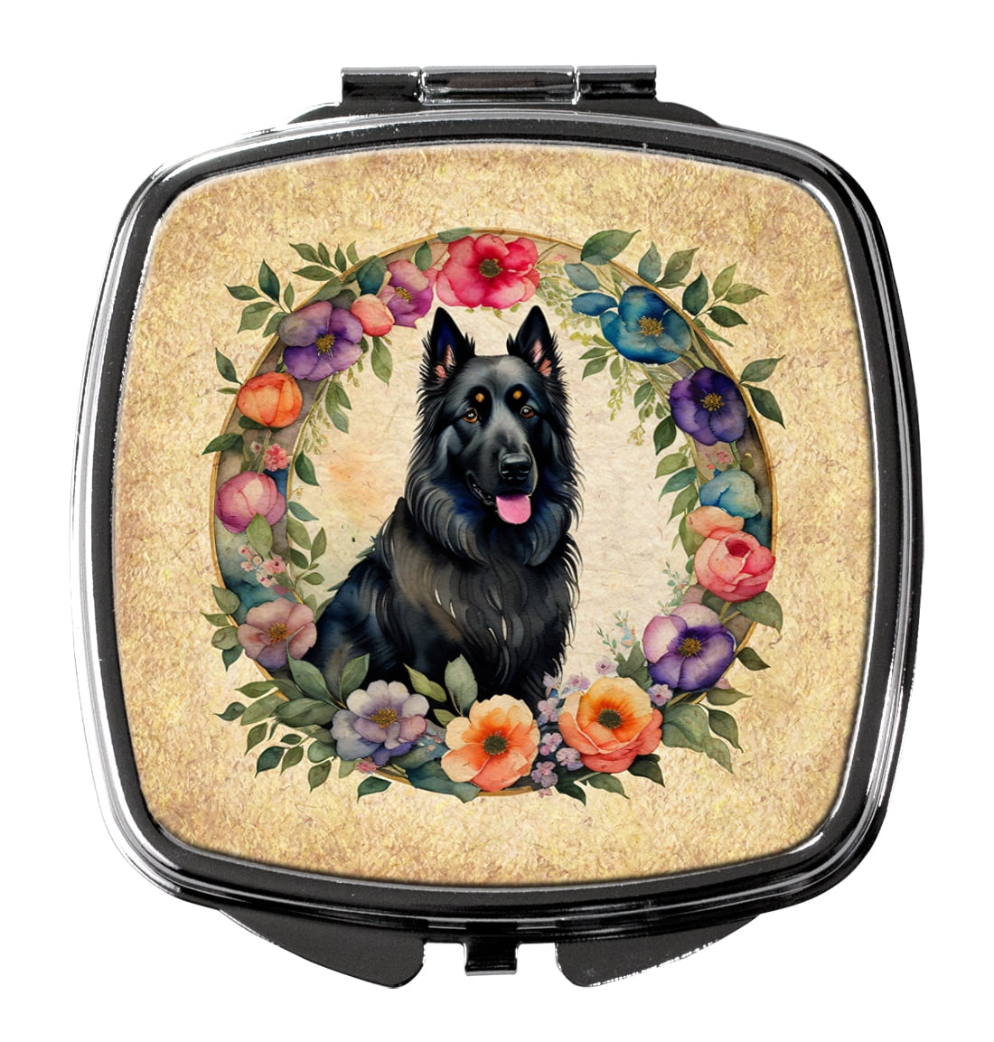 Belgian Sheepdog and Flowers Compact Mirror 2.75 in x 3 in