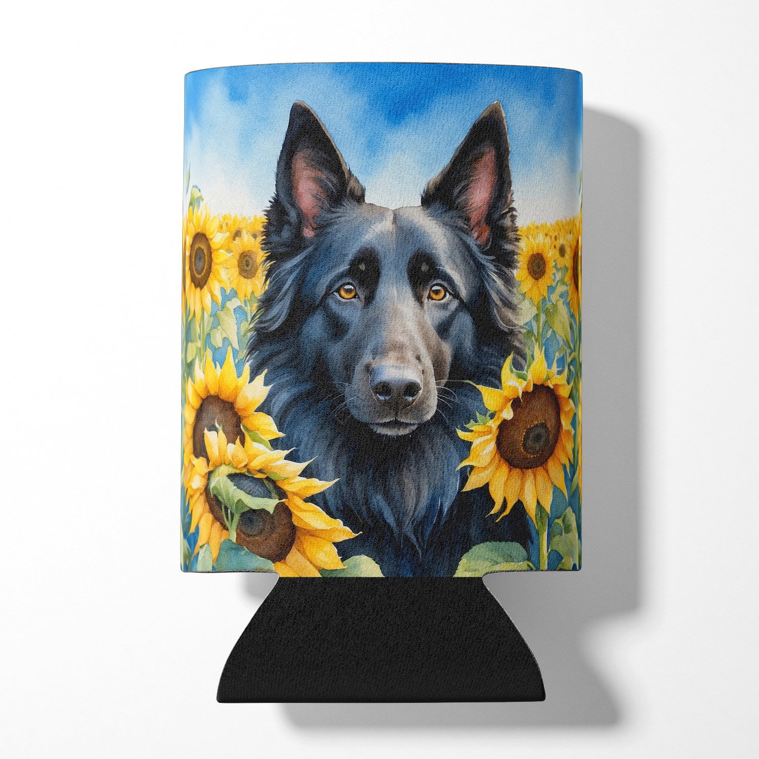 Belgian Sheepdog in Sunflowers Can or Bottle Hugger 3 in x 5 in