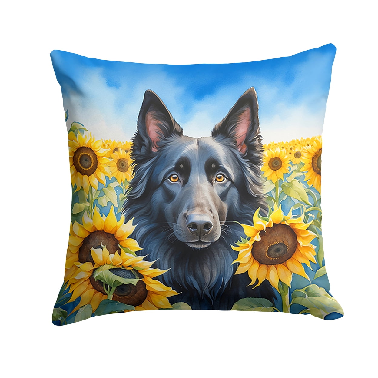 Belgian Sheepdog in Sunflowers Throw Pillow 18 in x 18 in