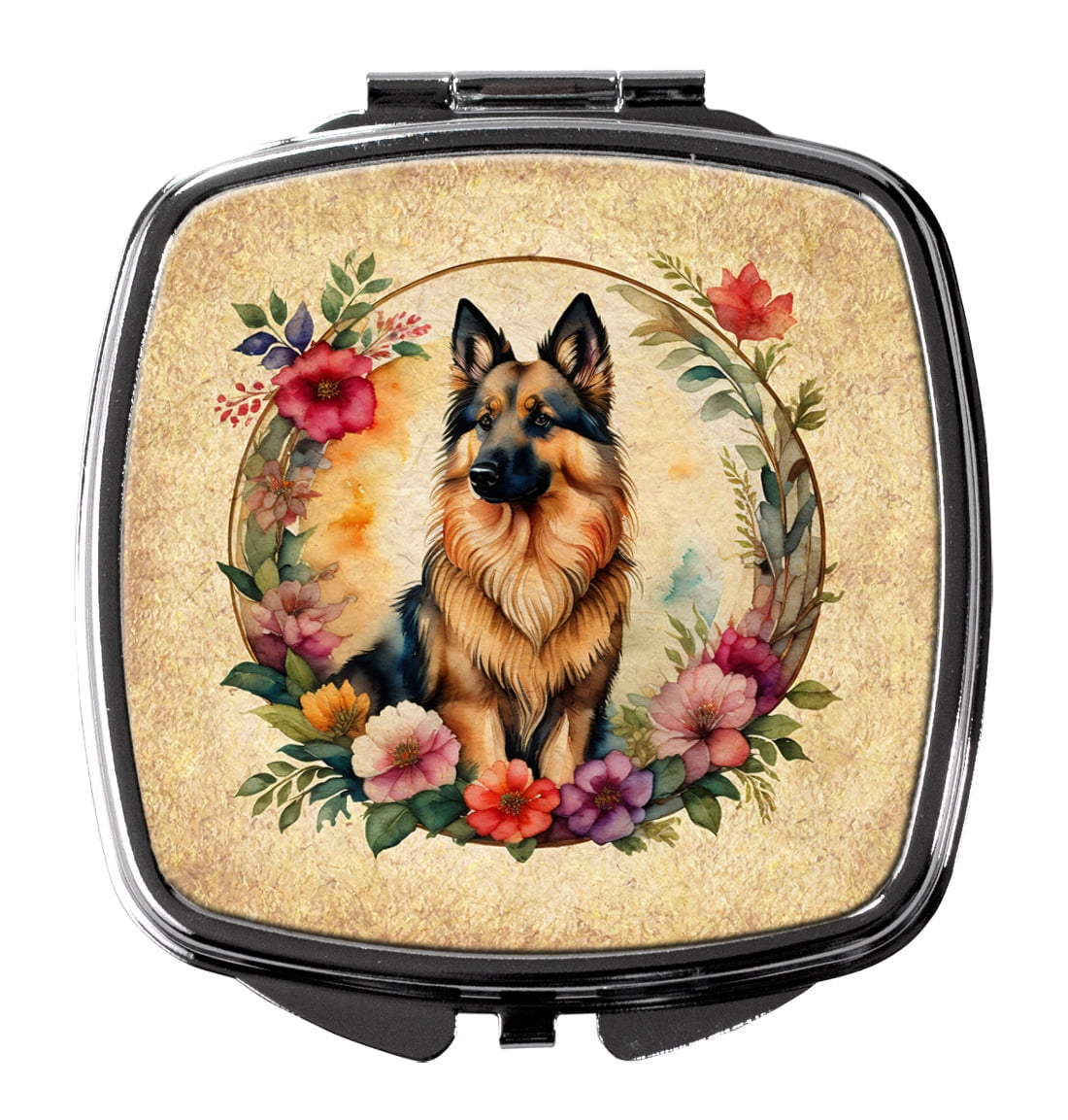 Belgian Tervuren and Flowers Compact Mirror 2.75 in x 3 in