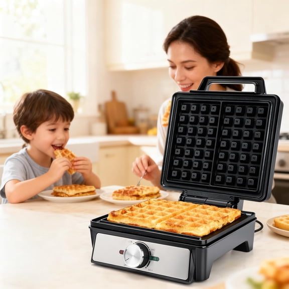 Belgian Waffle Maker 4 Slices, 1600W Waffle Iron, Double sided operation, not easy to stick to the bottom, Indicator light with knob